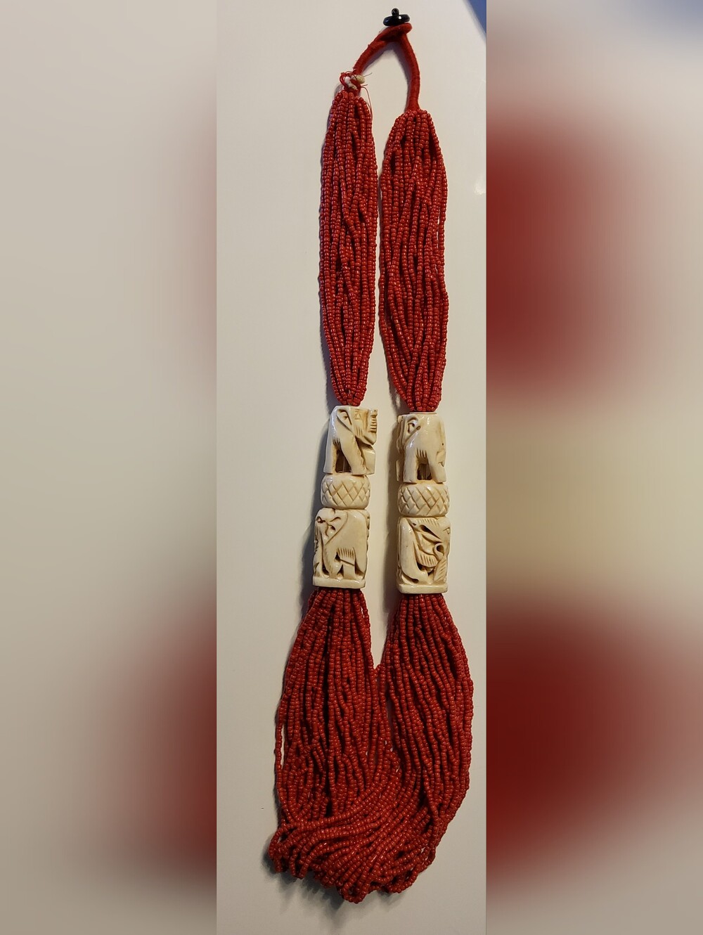 Boho Style Red Beaded Tibetan Necklace with Carved Bone Elephant Accents